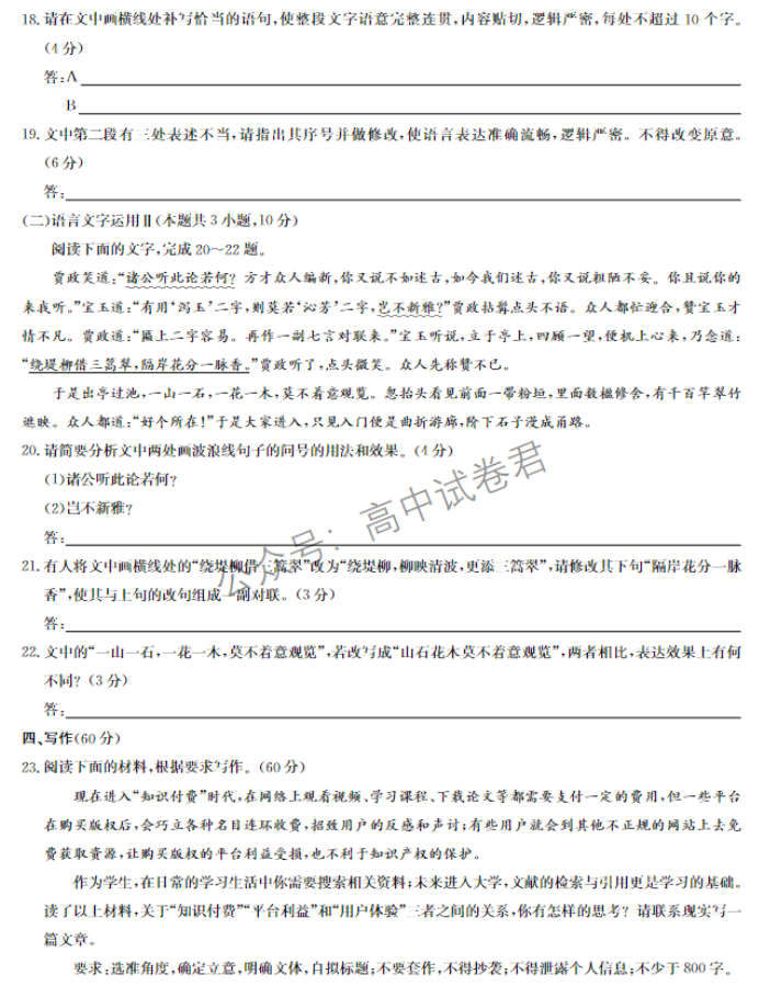 湖北宜昌协作体2024高三11月期中考试语文试题及答案解析