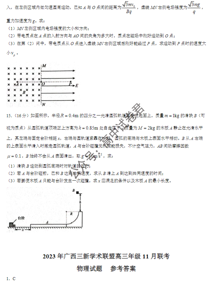 广西三新学术联盟2024高三11月联考物理试题及答案解析