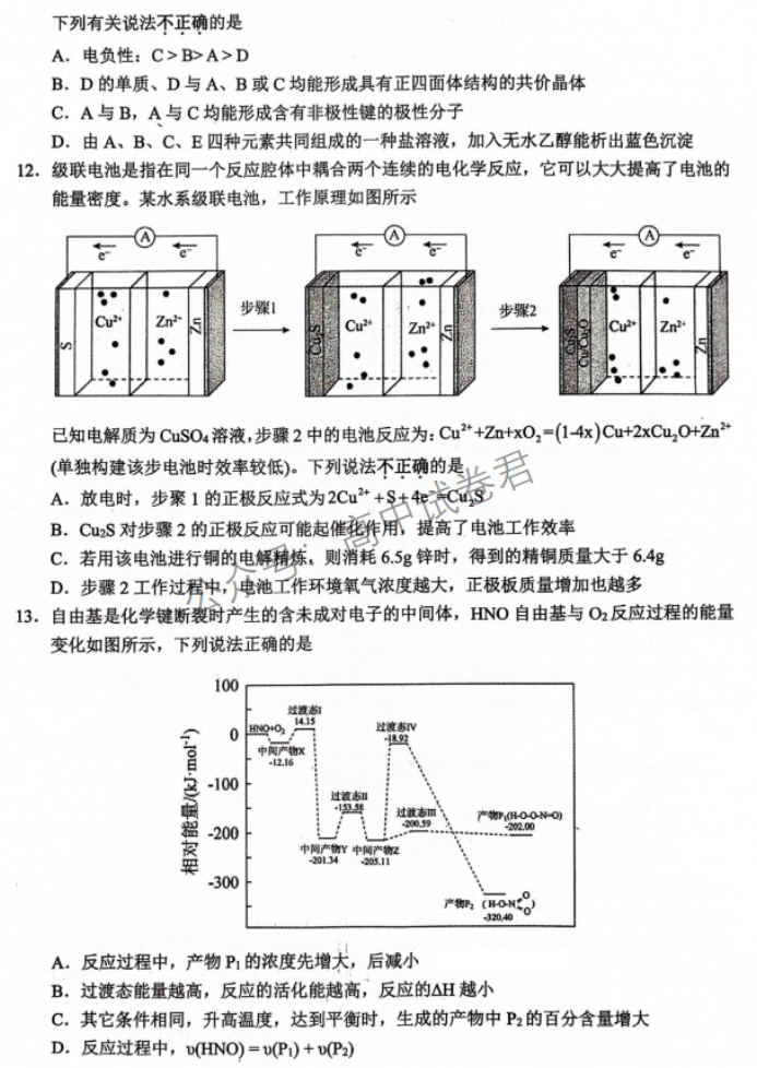 浙江省稽阳联谊学校2024高三11月联考化学试题及答案解析