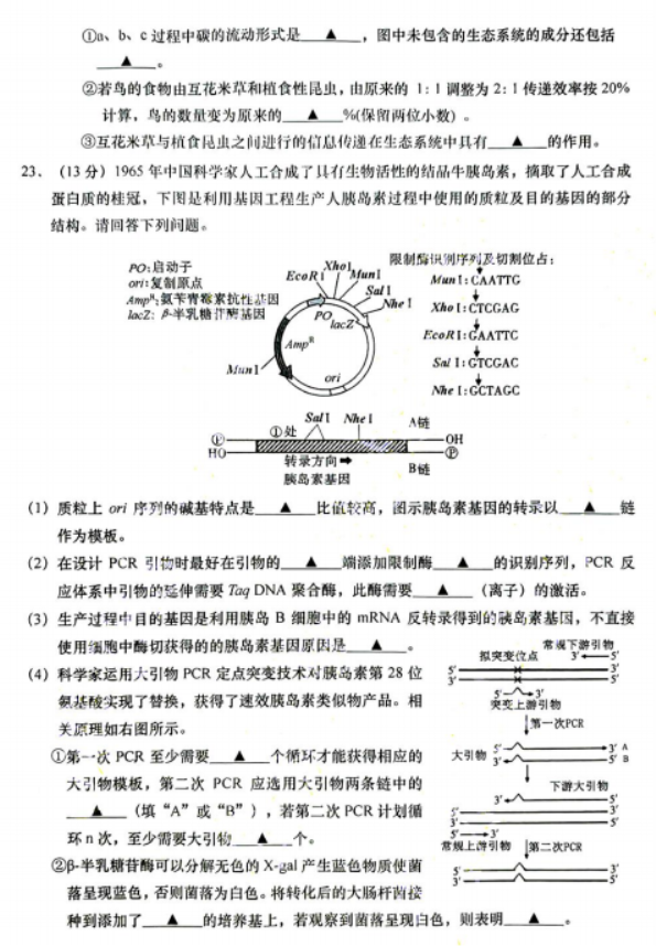 江苏南通如皋市2024高三11月期中考试生物试题及答案解析