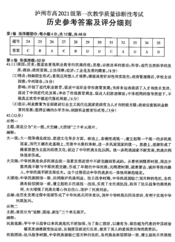 四川泸州市2024高三第一次诊断性考试文综试题及答案解析