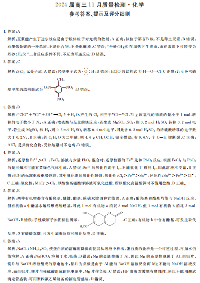 湖南衡阳市2024高三11月质量检测化学试题及答案解析