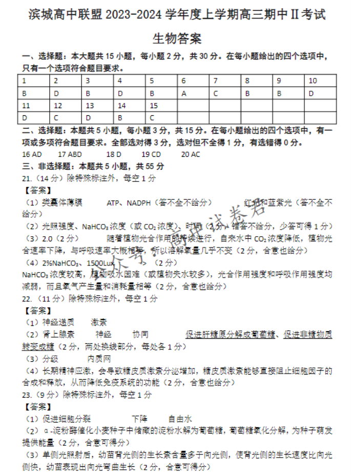 大连滨城高中联盟2024高三期中Ⅱ考试生物试题及答案解析