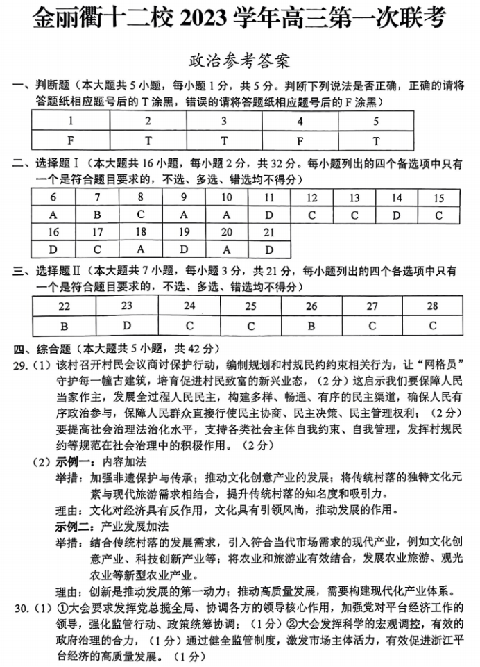 浙江省金丽衢十二校2024高三12月联考政治试题及答案解析