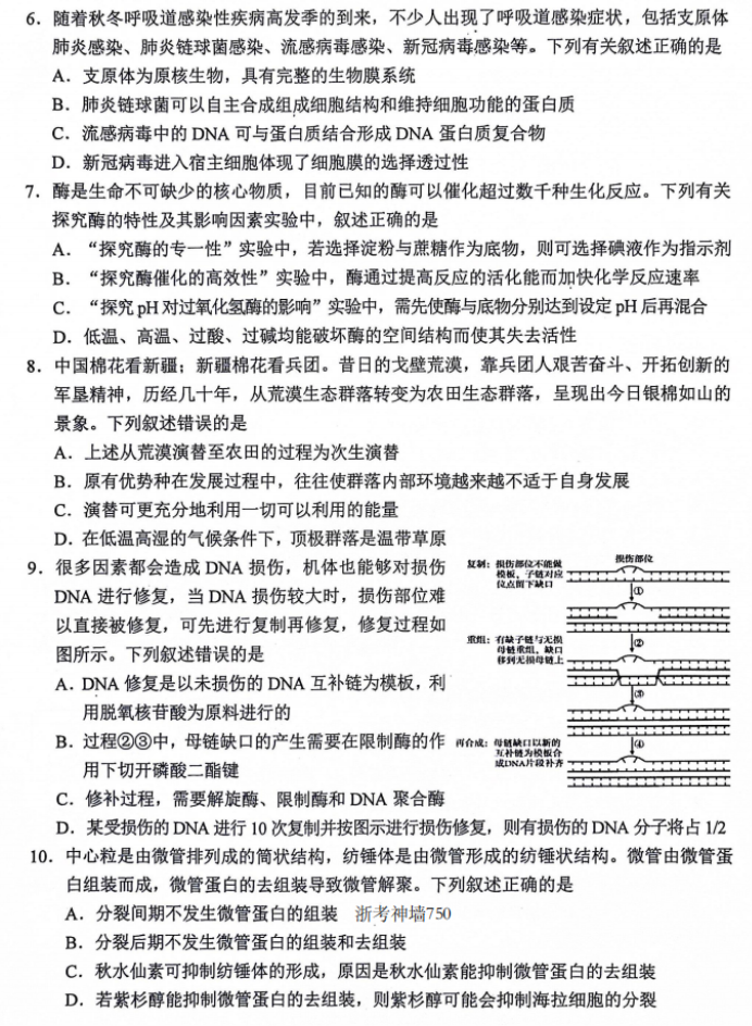 浙江省金丽衢十二校2024高三12月联考生物试题及答案解析