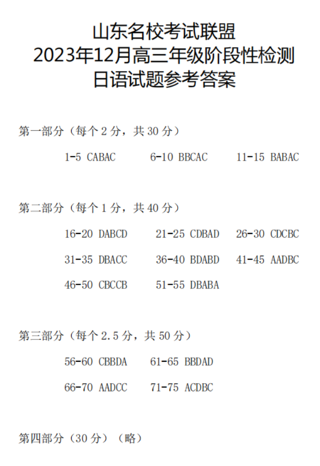 山东名校***2024高三12月阶段性测试日语试题及答案