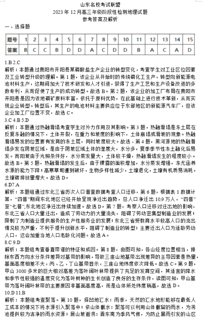 山东名校***2024高三12月阶段性测试地理试题及答案