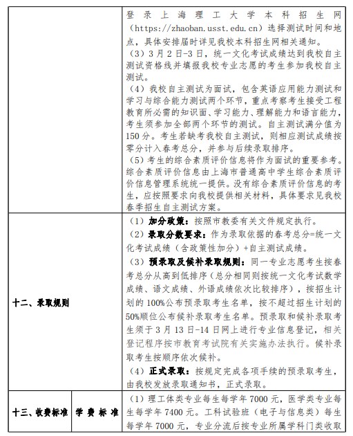 2024上海理工大学春季高考招生简章 招生专业及计划