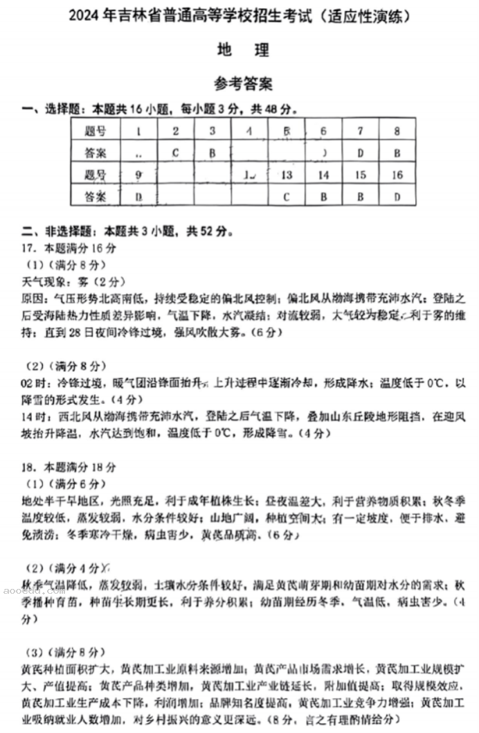 2024新高考九省联考地理试题及答案解析【吉林卷】