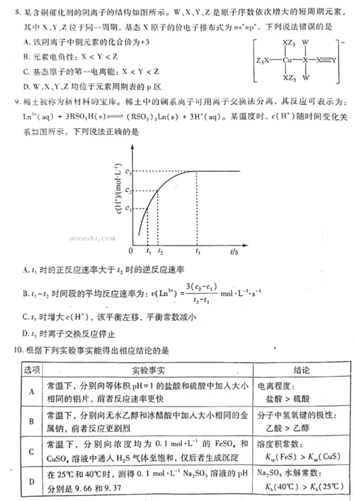 安徽2024新高考九省联考化学试题及答案解析【最新整理】