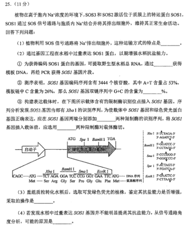 黑龙江2024新高考九省联考生物试题及答案【最新整理】