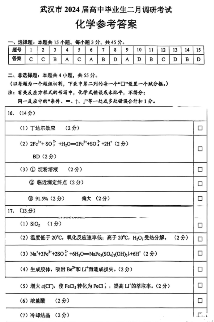 湖北武汉市2024高三二月调研考化学试题及答案解析