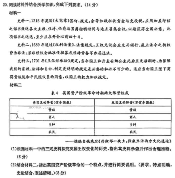 金太阳百万联考2024高三3月联考历史试题及答案解析