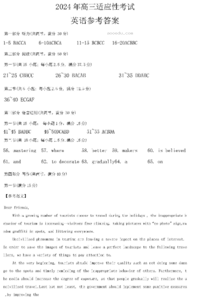 贵州省统测2024高三4月适应性考试英语试题及答案解析