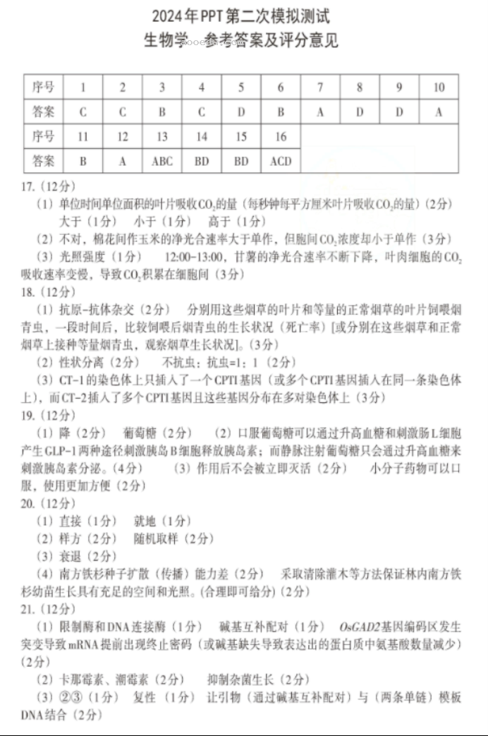 江西南昌市2024高三4月二模考试生物试题及答案解析