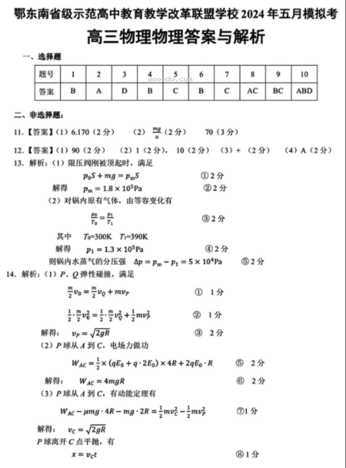 湖北鄂东南联盟2024高三5月模拟考物理试题及答案解析