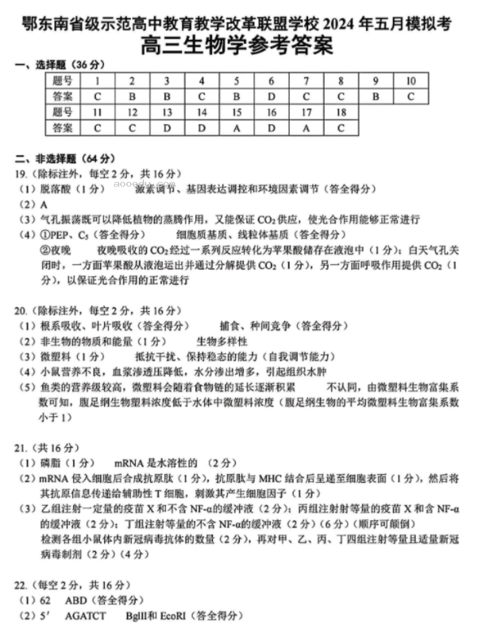 湖北鄂东南联盟2024高三5月模拟考生物试题及答案解析