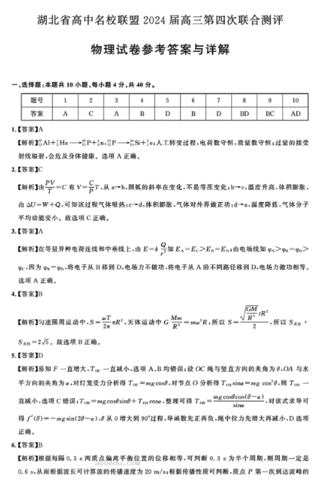 湖北圆创联盟2024高三第四次联合测评物理试题及答案解析