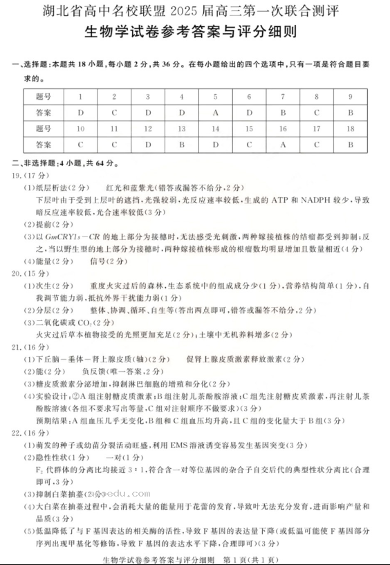  湖北2025届圆创联盟高三8月联考生物试题及答案汇总